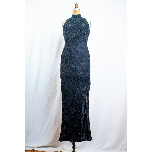 Vintage 90s Beaded Formal Maxi Dress, ISSUES, Halter Cocktail Evening Party, Sm - Picture 1 of 14